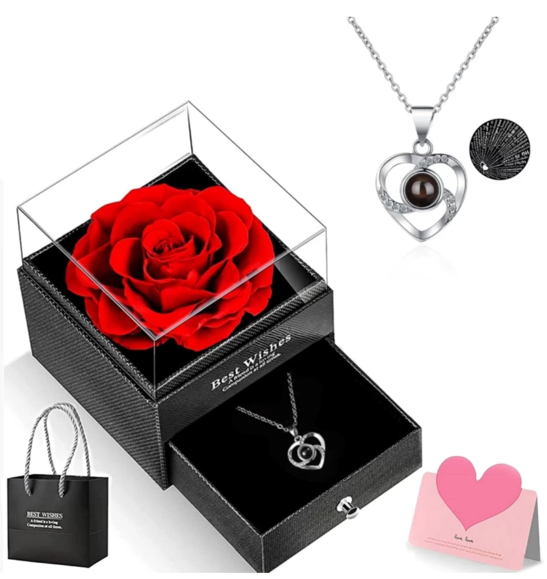 I Love You in 100 Language Necklace With Rose Gift Box, Bag, Card For Wife, Girlfriend