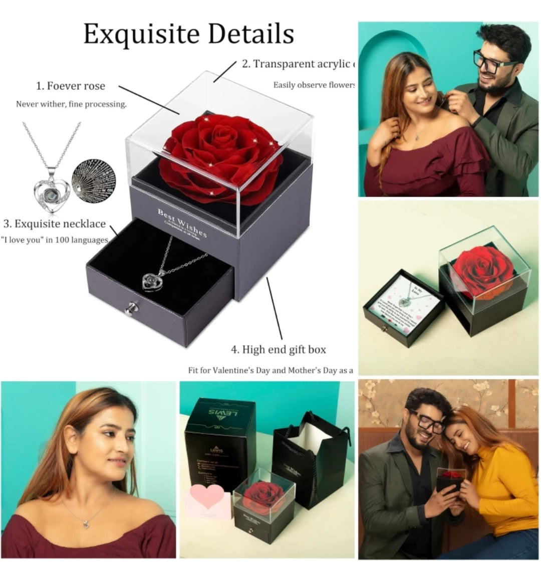 I Love You in 100 Language Necklace With Rose Gift Box, Bag, Card For Wife, Girlfriend