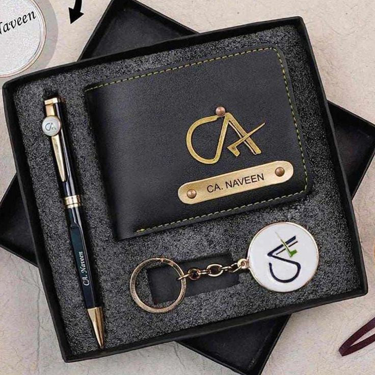 Customised Combo 1 pc Faux Leather Men Wallet, 1 Keychain, 1 and Personalize Pen (send details 9528394331)