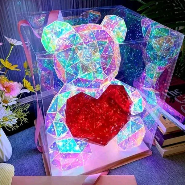 3D Crystal Teddy Bear Night Light with Heart - Cute Colorful LED Table Lamp, Gift-Ready Glowing Teddy Bear Lamp (1 Pc)